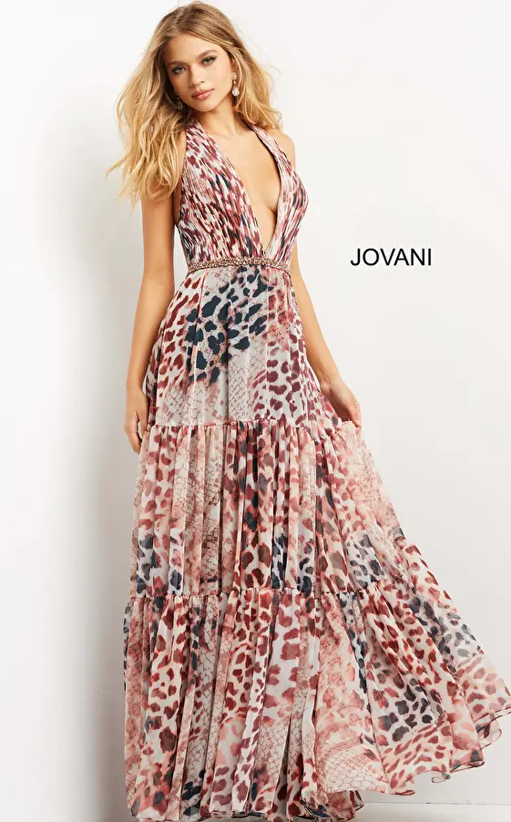 jovani Jovani 06088 Animal Print Plunging Neck Chiffon Evening Dress